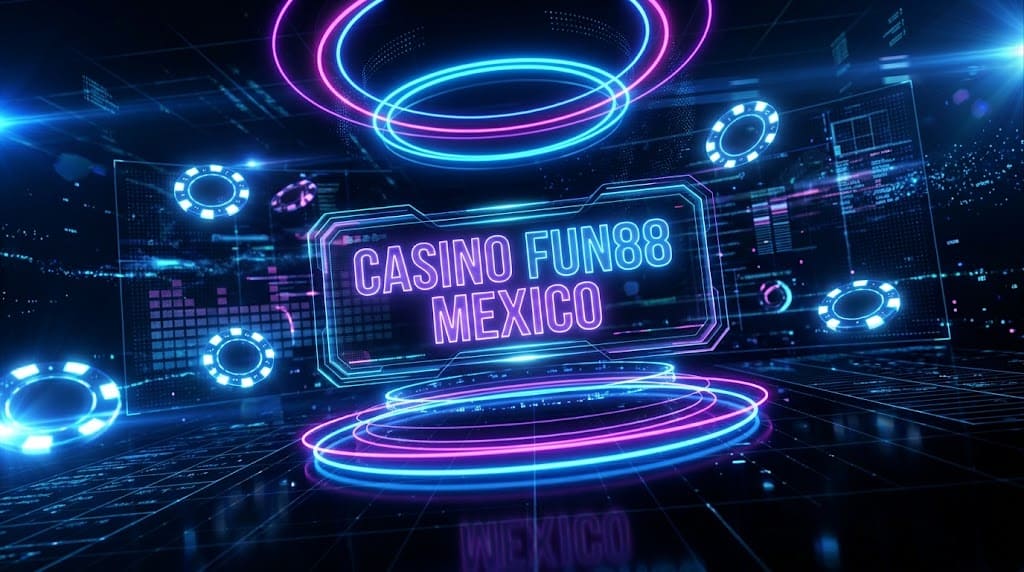 Holograma CASINO FUN88 MEXICO con anillos cyan y magenta sobre una grilla digital