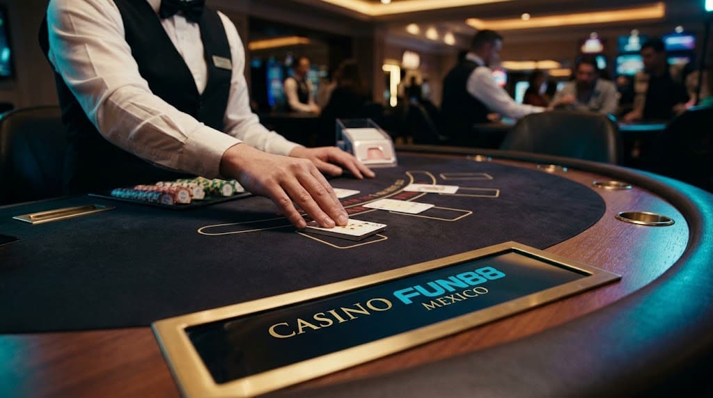 Crupier reparte cartas en mesa CASINO FUN88 MEXICO