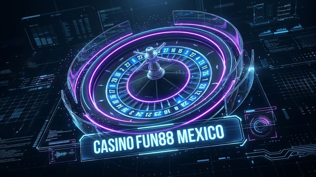 Ruleta holográfica cyan y magenta con letrero CASINO FUN88 MEXICO