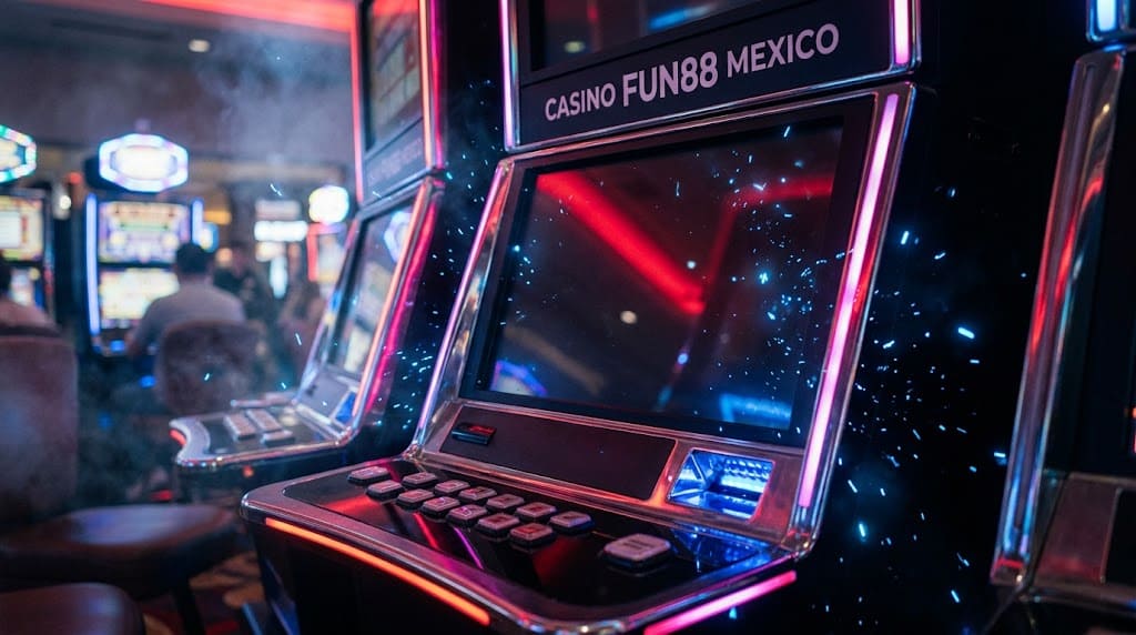 Tragamonedas CASINO FUN88 MEXICO con destellos cyan y magenta